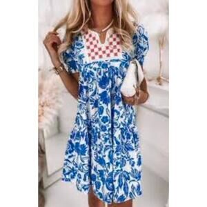 Pretty blue & white floral dress w/red embroidery @ yoke Collection by Cezele, M